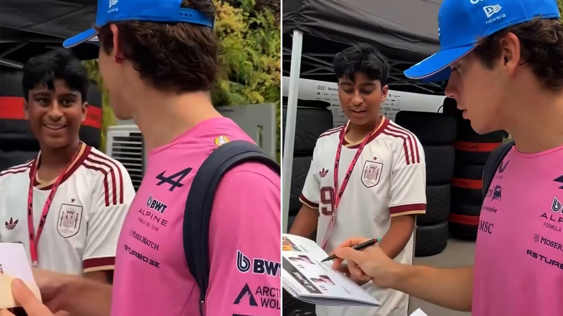 Imagen: Colapinto le marcó la camiseta a un fan en Singapur: identidad argentina sin filtro en el paddock de Alpine