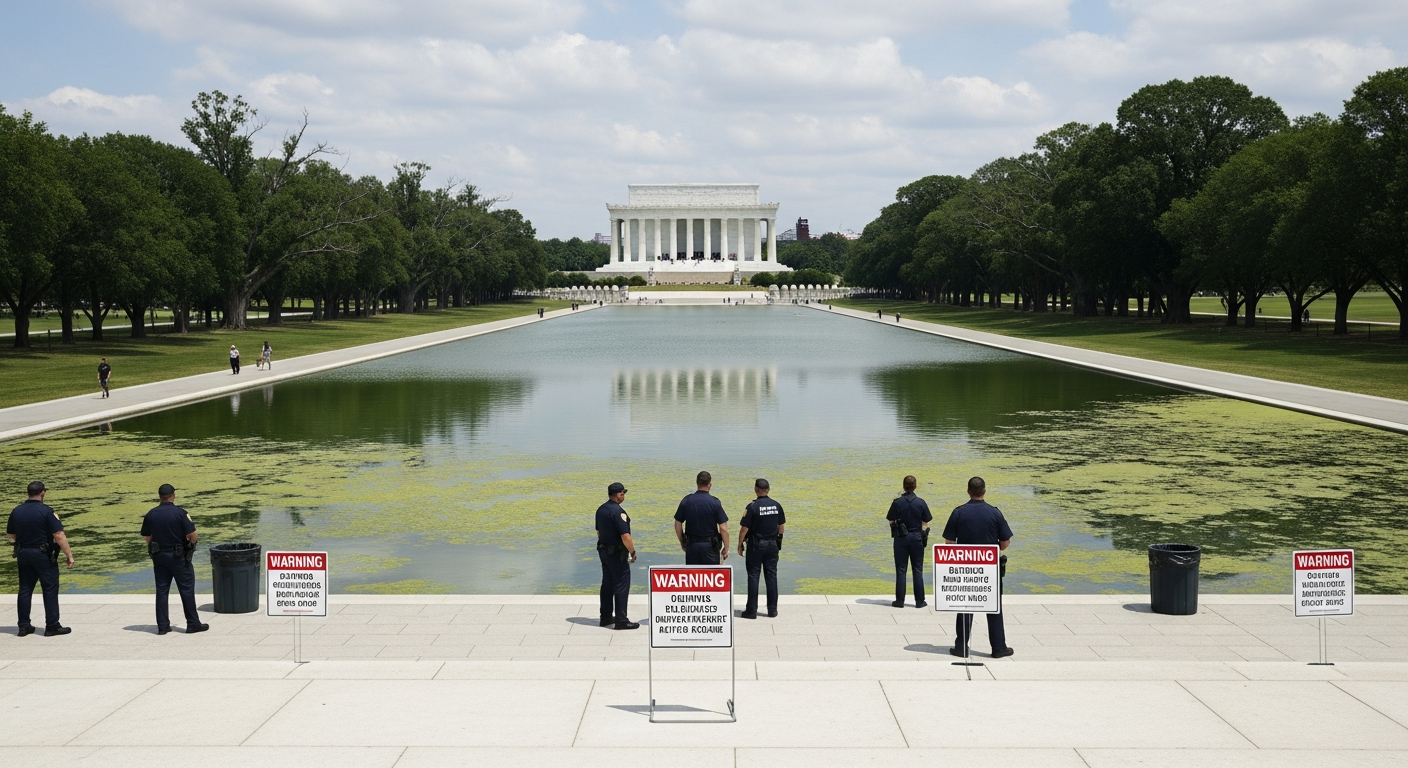 Imagen generada por IA para: Trump acusa a vándalos por el desastre de la Reflecting Pool, pero los expertos apuntan a errores de obra